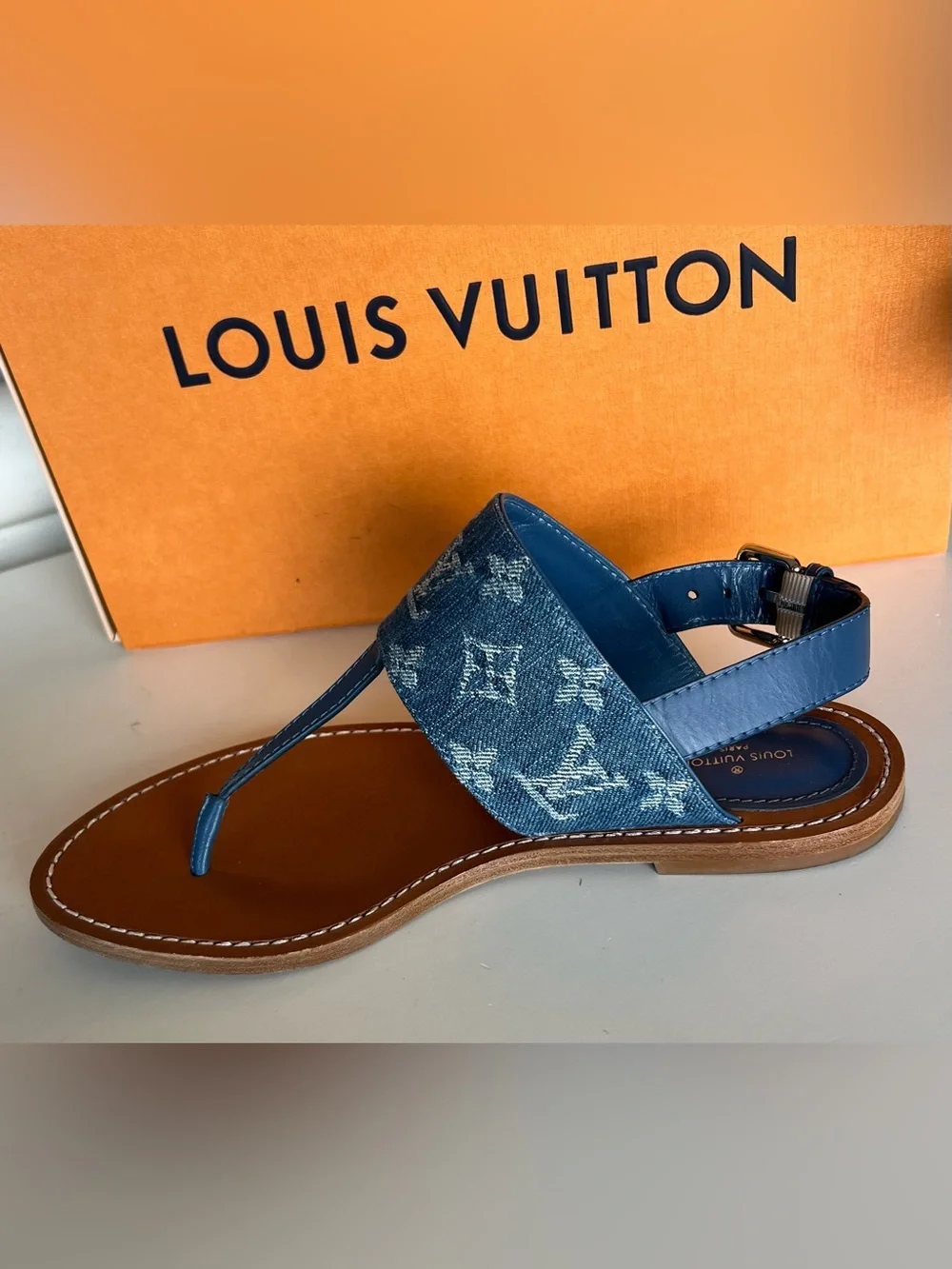LOUIS VUITTON Starboard Flat Thong Sandal in Blue Monogram Denim ๐ Size 38 - Picture 12 of 16